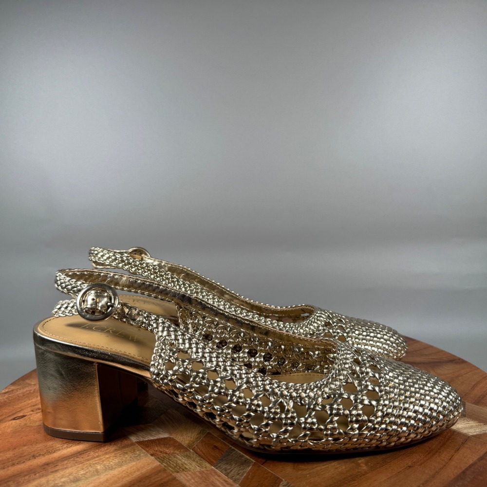 J.Crew Womens Gold Woven Slingback Block Heel Pumps BZ211 Size 7 Metallic Summer